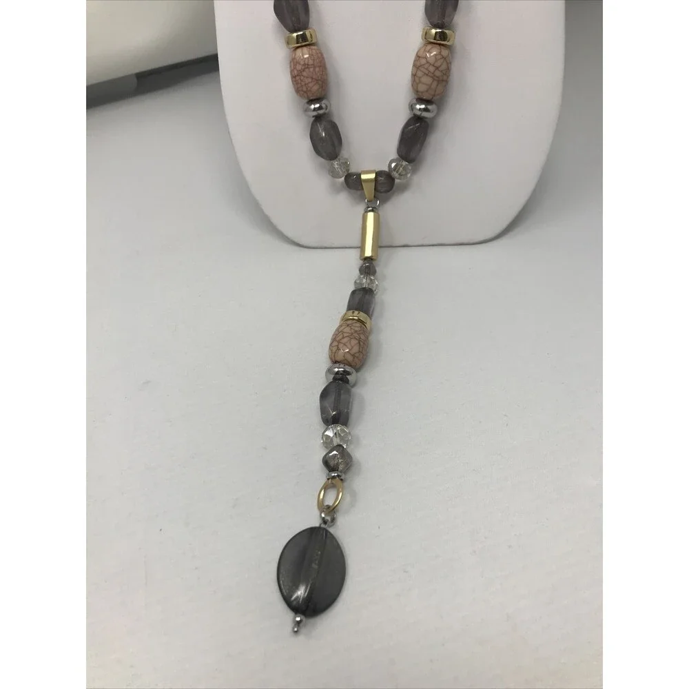 CHICO'S Necklace Chunky Beads Pink Gray Clear Gold Tone Statement